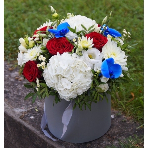 Flower Box z biało-niebieskich kwiatów.